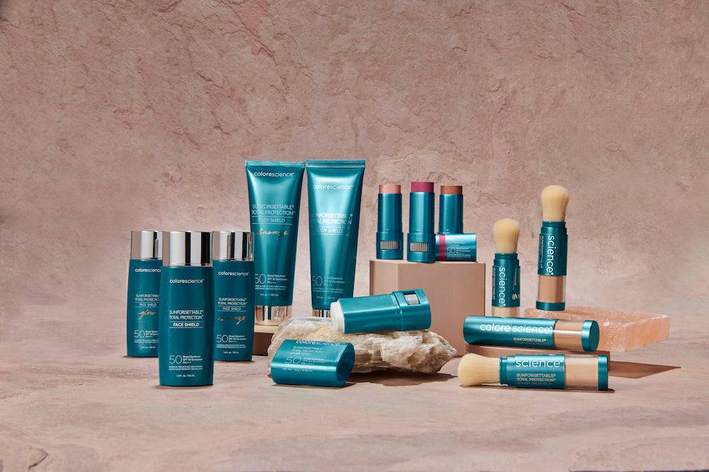 product shot of the Colorscience sunscreen spf collection on a beige background