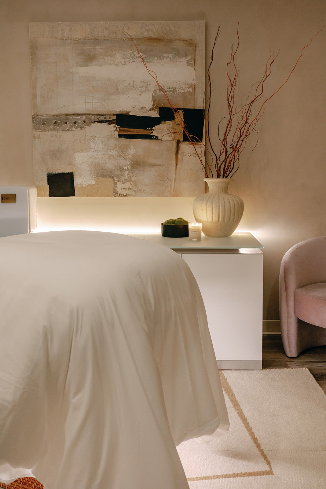 HD Skin Dallas, Texas relaxing facial treatment room with facial table, artwork, and plants in the background