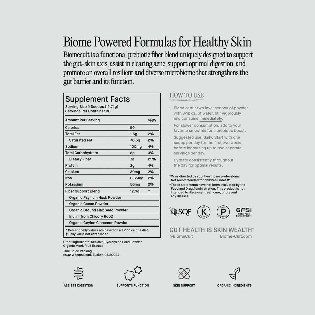 Prebiotic fiber supporting gut-skin axis, digestion, clear acne, and microbiome health