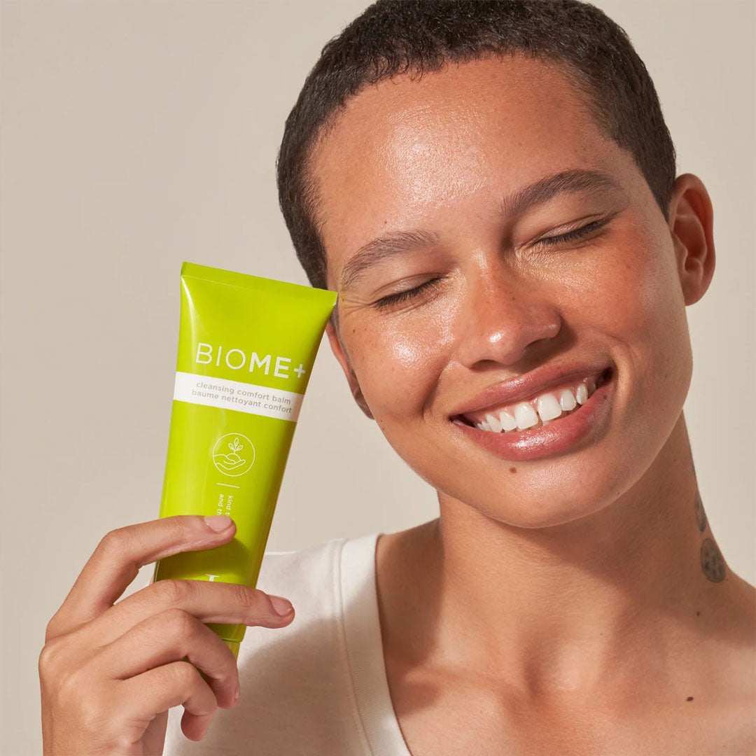 BIOME+ Cleansing Comfort Balm gently dissolving makeup and impurities with microbiome-friendly fermented squalane and nourishing plant oils