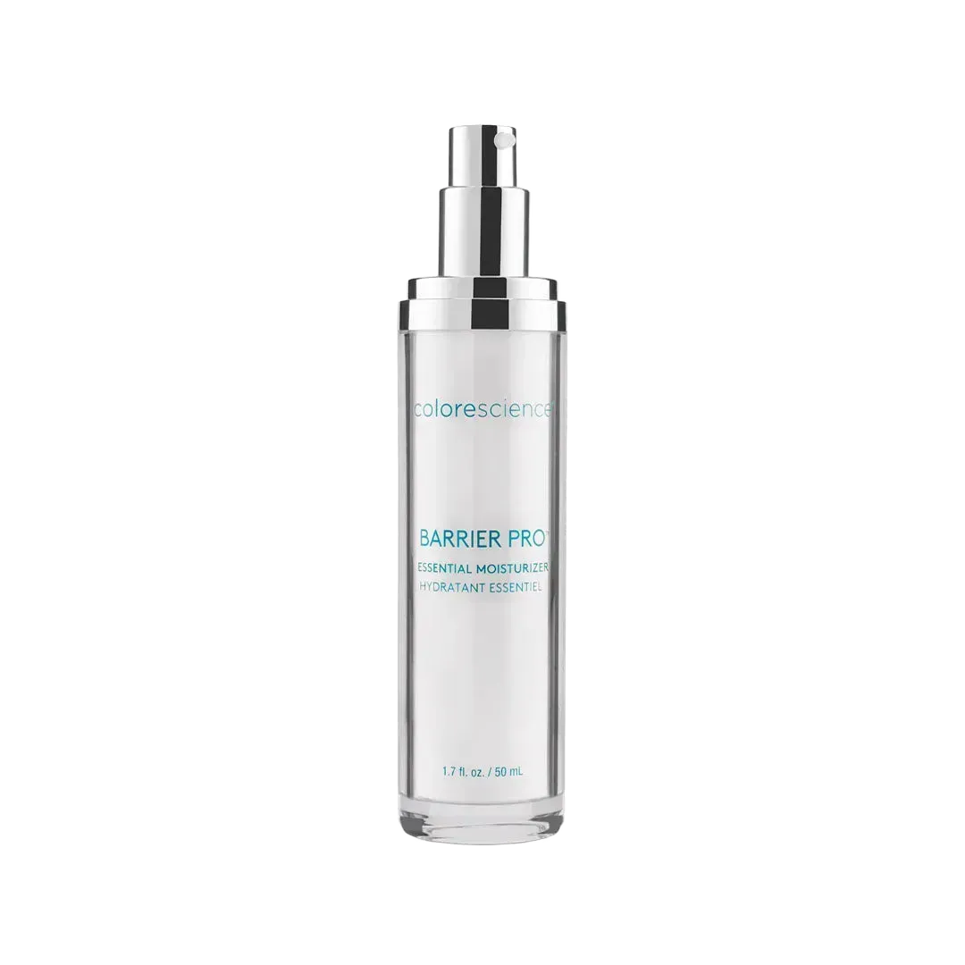 Colorescience Barrier Pro Essential Moisturizer in a clear 50ml pump bottle with a silver cap.