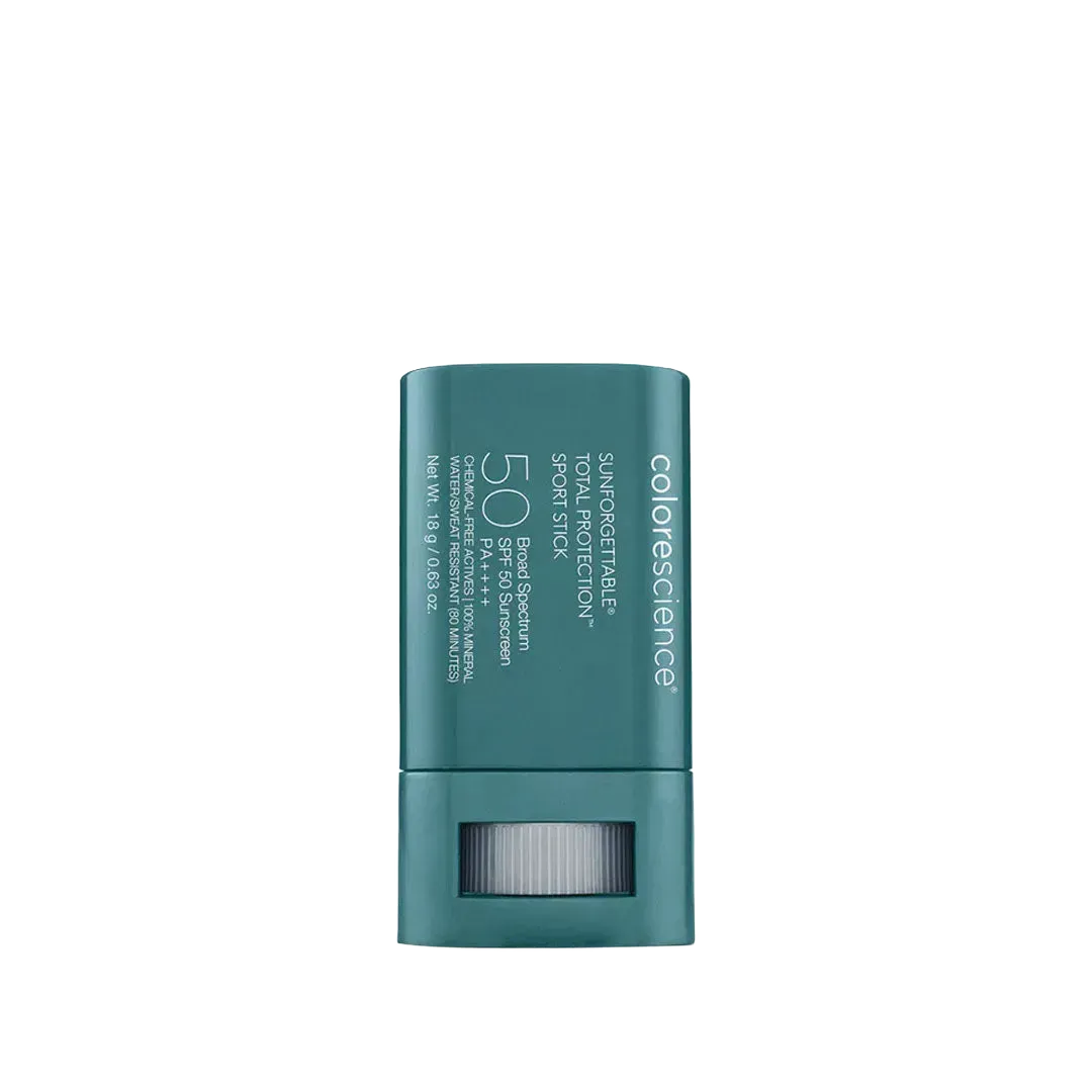Teal Colorescience Sunforgettable Total Protection SPF 50 sport sunscreen stick in a compact twist-up tube.