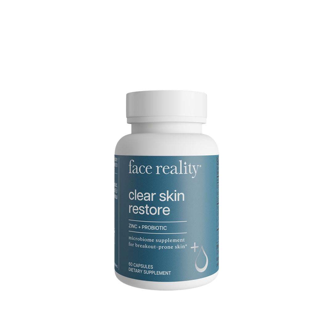 Clear Skin Restore supplement bottle with Zinc and Probiotic for acne-prone skin and gut health.