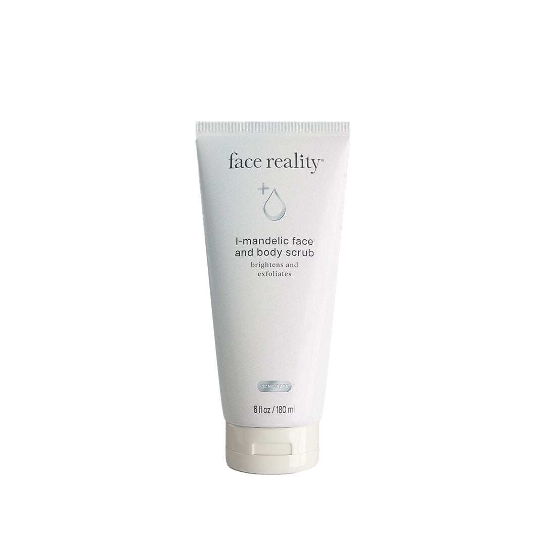 L-Mandelic Face and Body Scrub bottle with label highlighting sulfate-free exfoliating gel for normal and oily skin