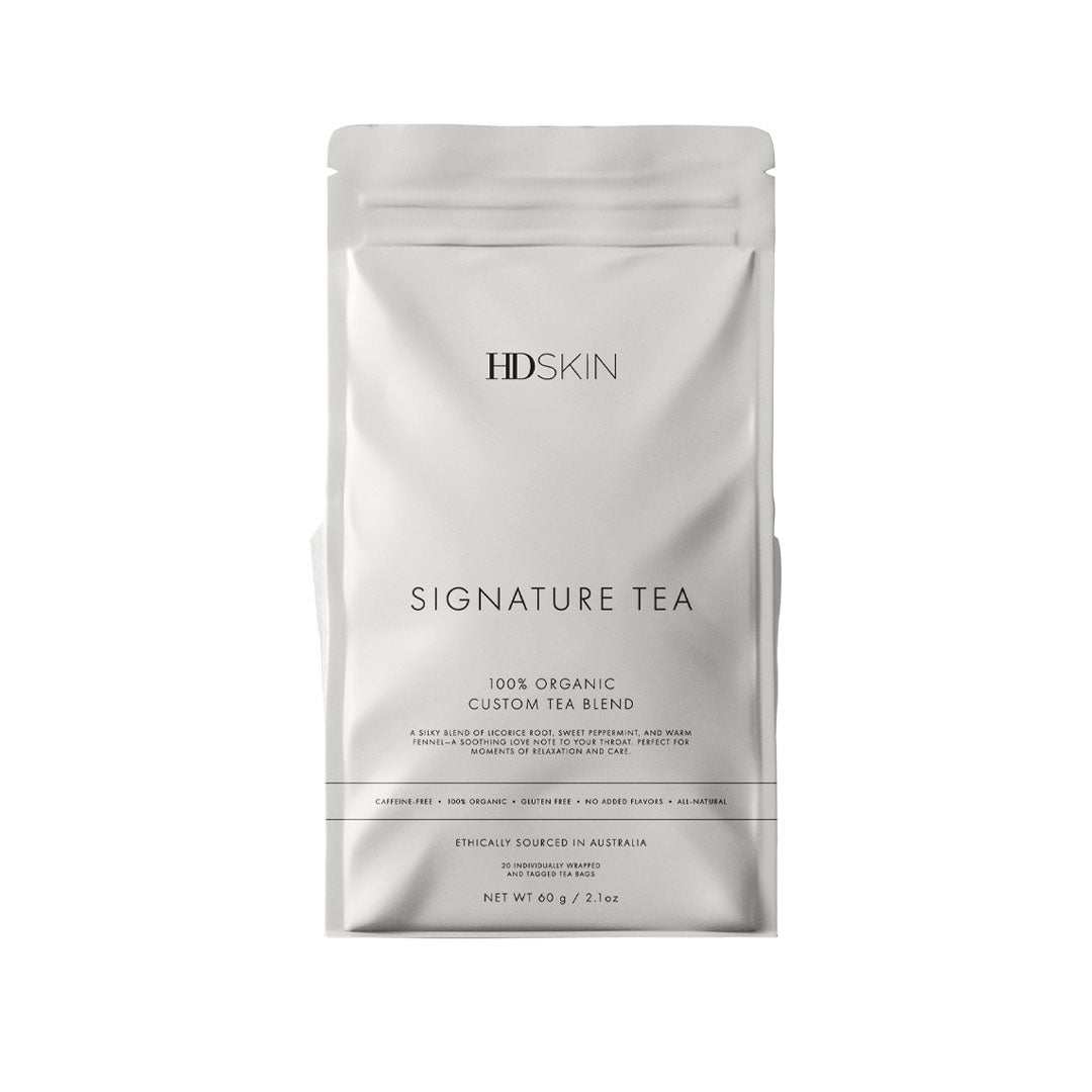 Box of Signature Tea Blend with herbal tea bags and peppermint leaves