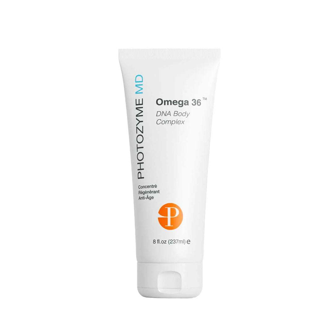 Omega 36 Body Complex skincare bottle with moisturizing and skin tone evening benefits
