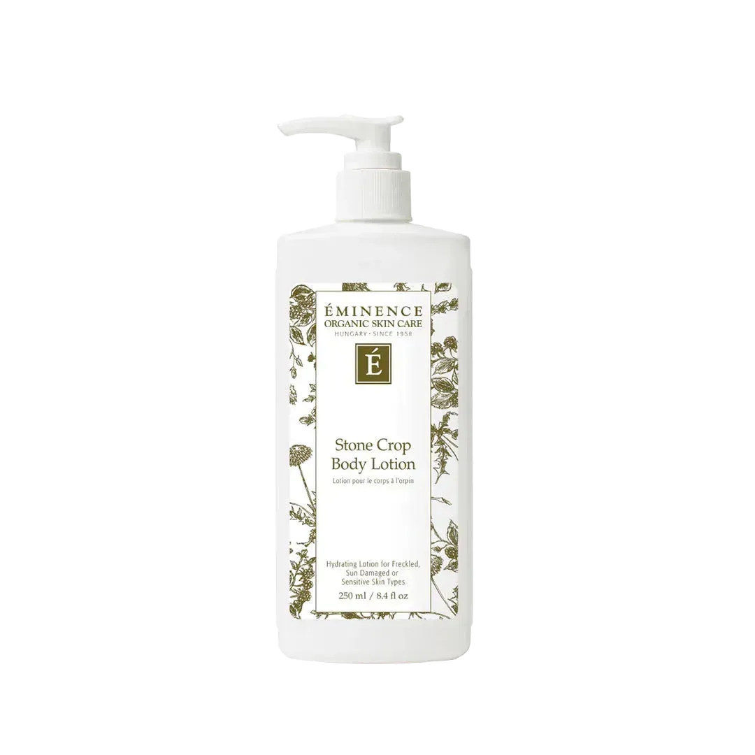 White 8.4 oz pump bottle of Eminence Stone Crop Body Lotion with botanical illustrations on the label.