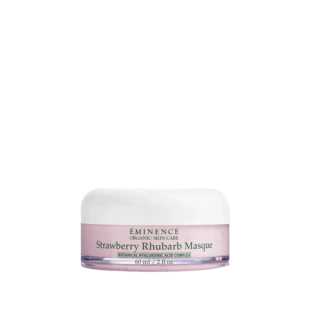 Eminence Strawberry Rhubarb Masque in a 2 oz pink jar with a white lid, featuring botanical hyaluronic acid complex.