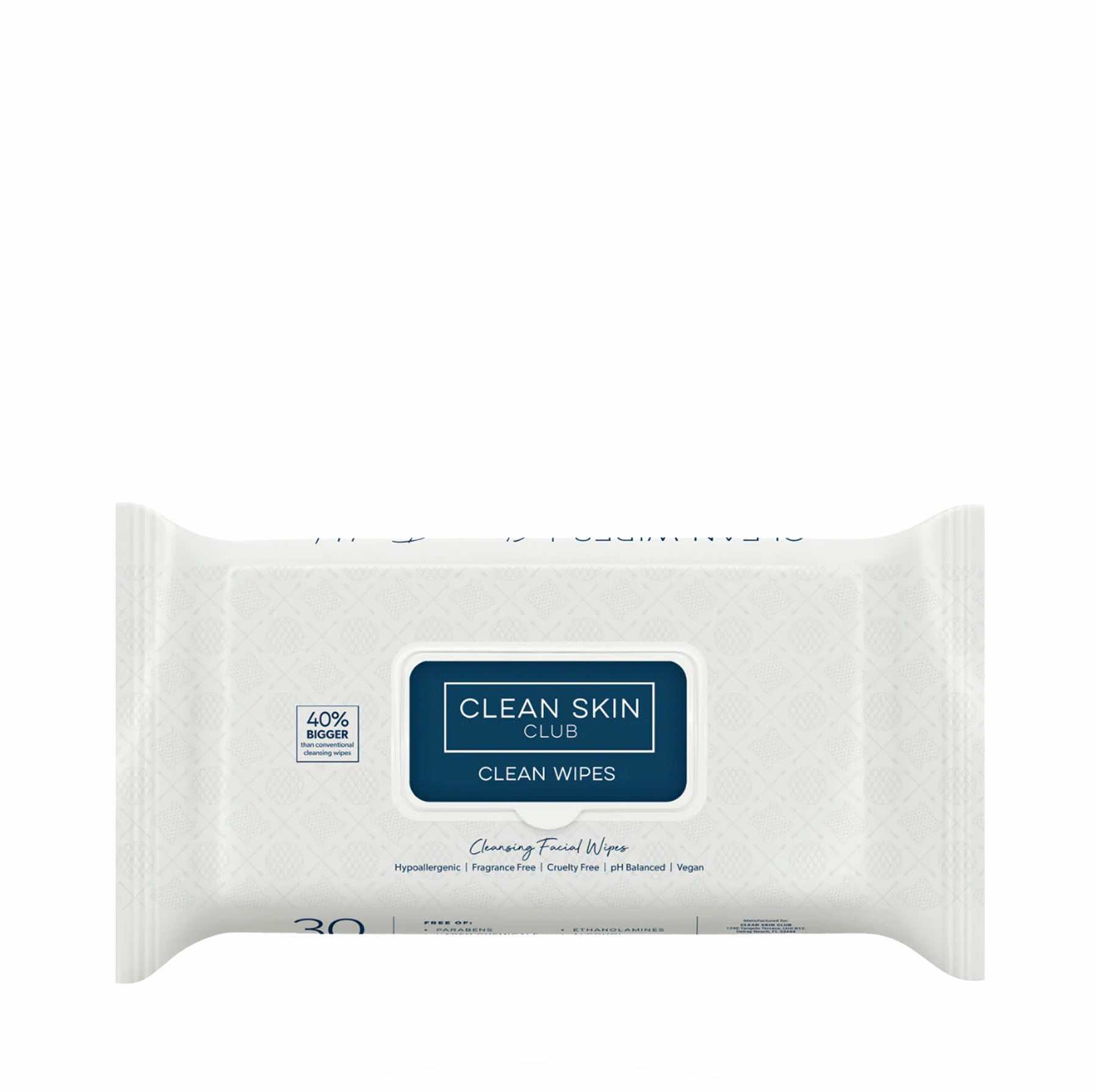 Large dual-sided Clean Wipes designed for gentle, thorough facial cleansing with soothing chamomile and antioxidants.