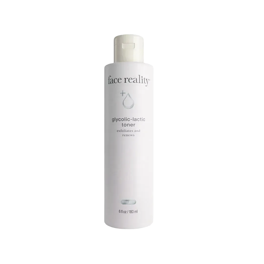 White 180ml bottle of Face Reality Glycolic Lactic Toner with a flip-top cap and minimalist black text on a white label.