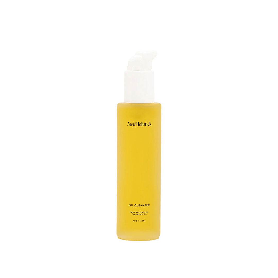 Daily Restorative Cleansing Oil bottle with fresh fruits, cleansing skin and removing makeup gently