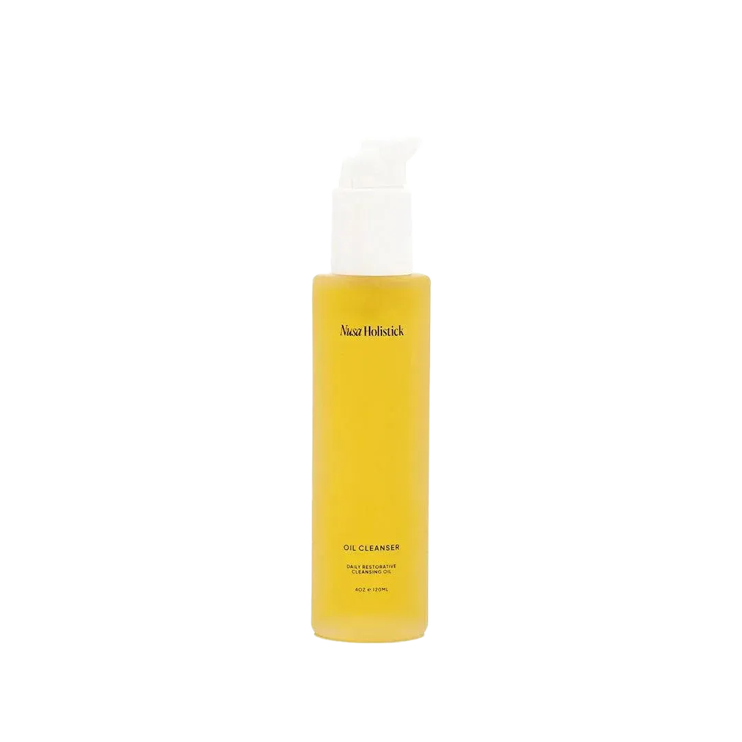 Daily Restorative Cleansing Oil bottle with fresh fruits, cleansing skin and removing makeup gently
