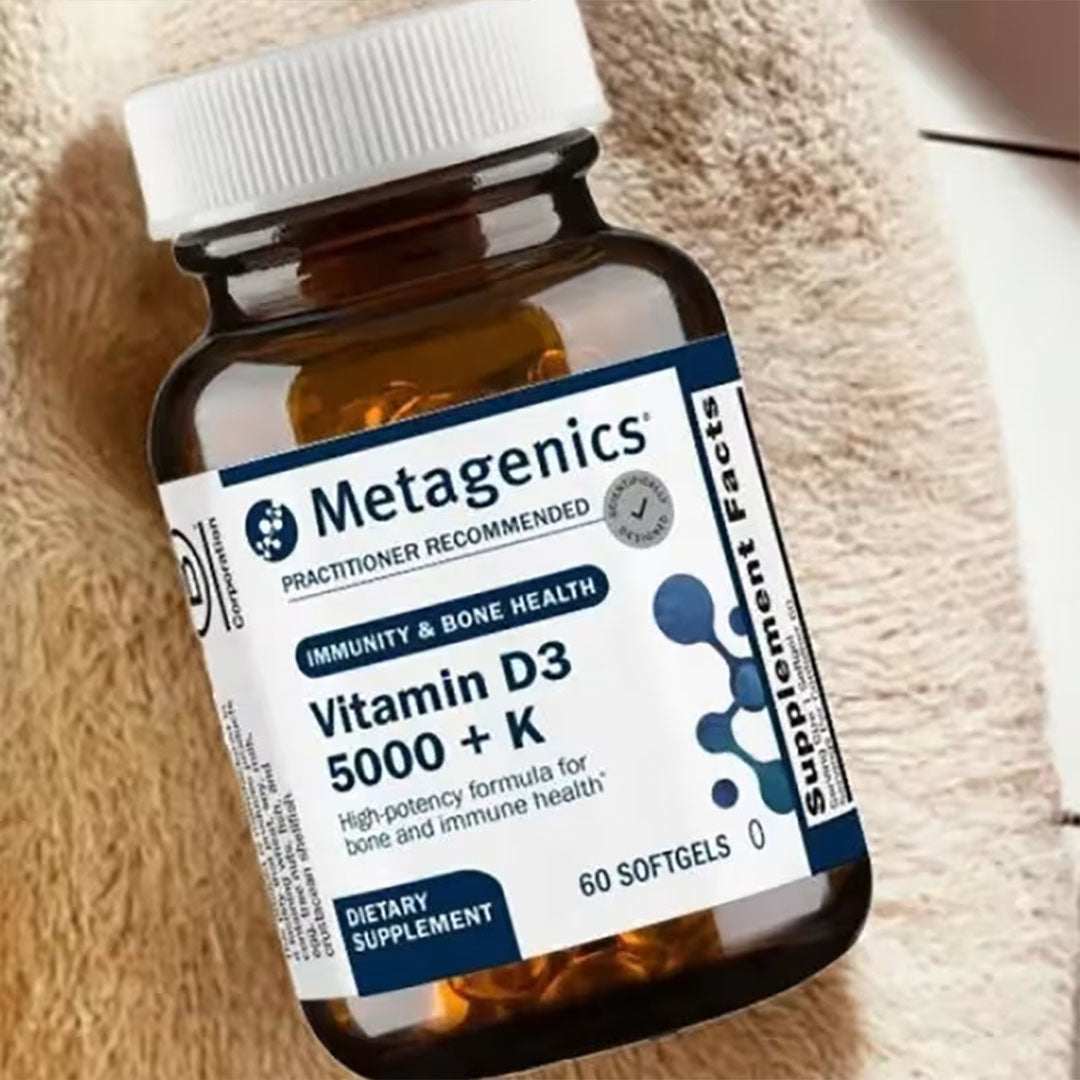 Vitamin D3 5000 + K softgels supporting bone, heart, and immune health by Metagenics