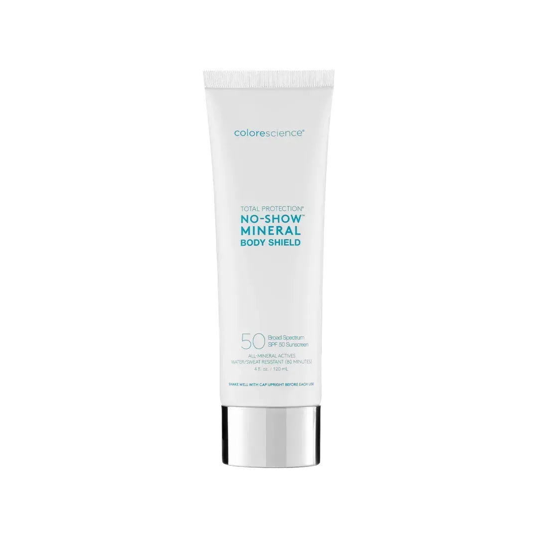 White 4 fl. oz. tube of Colorescience Total Protection No-Show Mineral Body Shield SPF 50 sunscreen with silver cap.