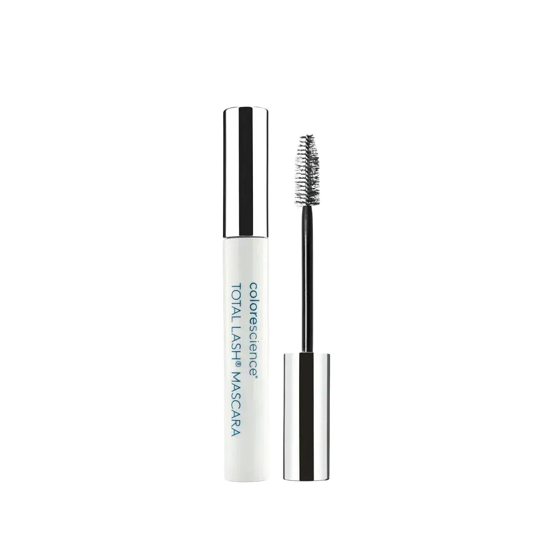 Colorescience Total Lash Serum Mascara in a white tube with a silver cap and a black mascara wand applicator.