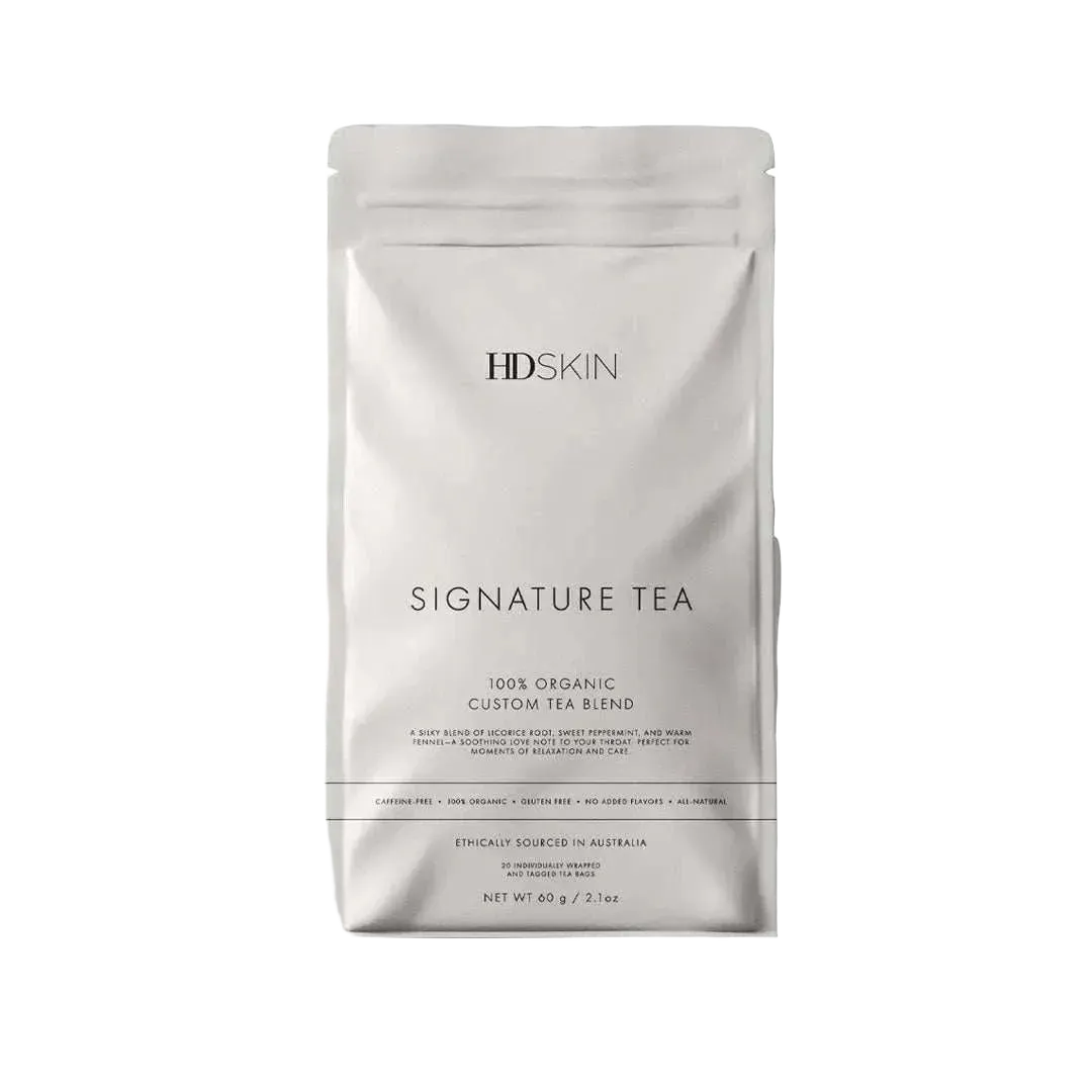 Signature Tea Blend box with 20 organic peppermint, fennel, and liquorice tea bags from HD Skin Dallas