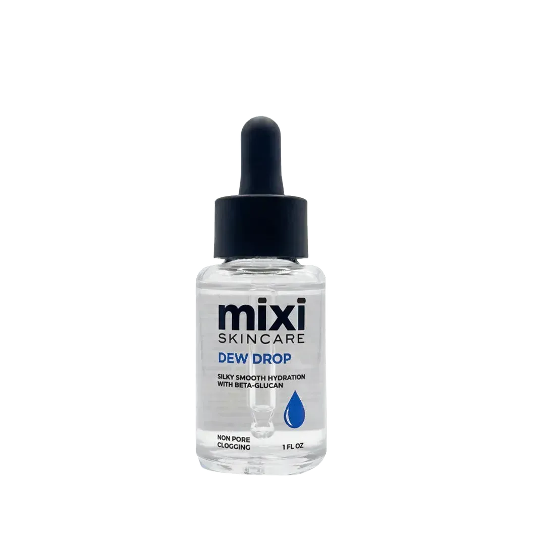 Clear 1 fl oz glass dropper bottle of Mixi Dew Drop Hydrating Serum with a black cap against a white background.