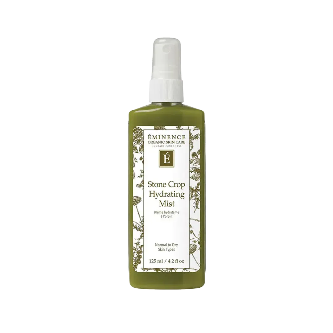Eminence Stone Crop Hydrating Mist in a 125ml olive green spray bottle with a white label and botanical illustrations.