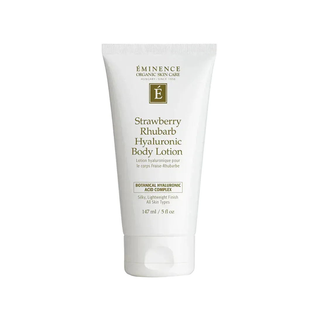 White 5 oz squeeze tube of Eminence Strawberry Rhubarb Hyaluronic Body Lotion with dark green text and branding.