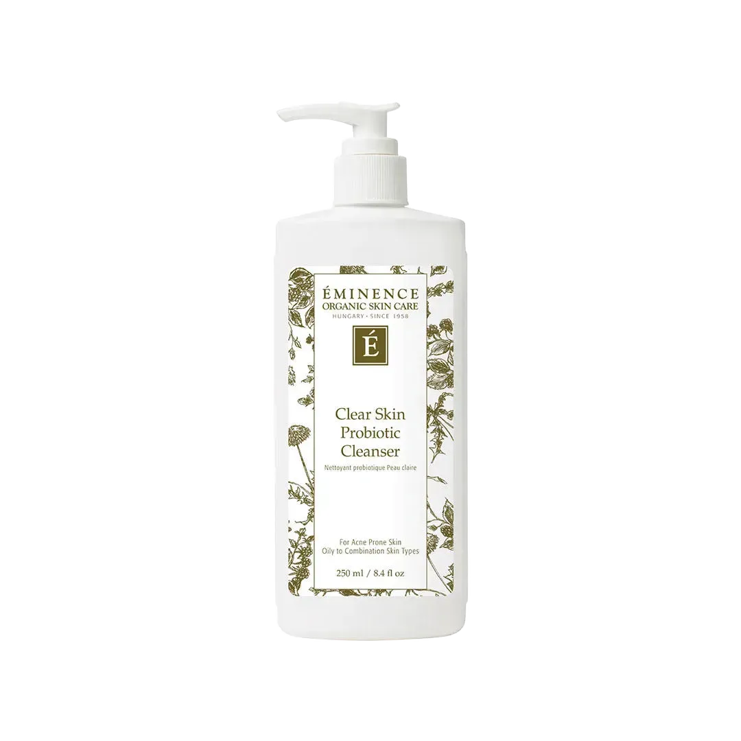 White 8.4 oz pump bottle of Eminence Clear Skin Probiotic Cleanser with botanical label design on white background.