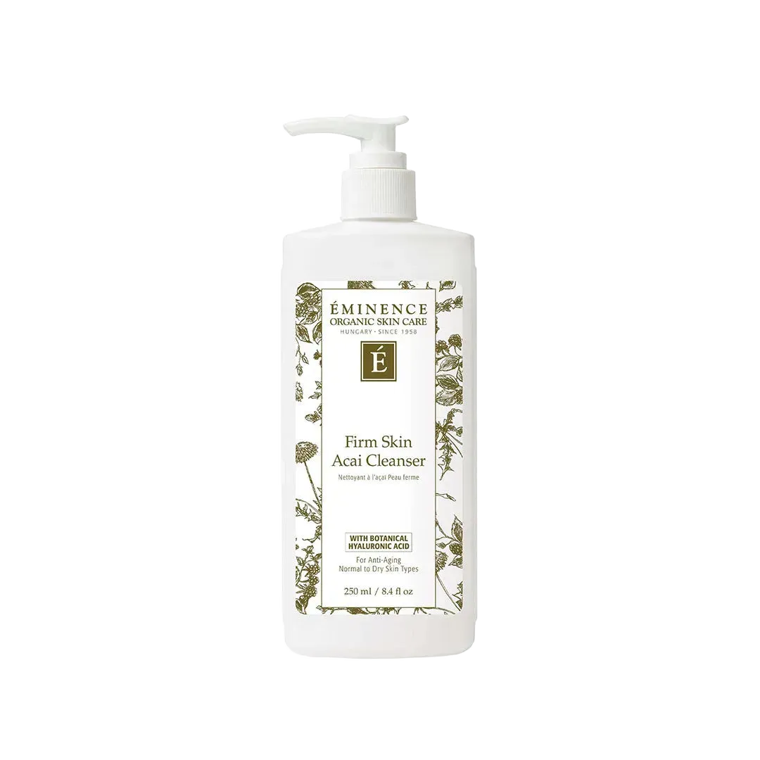 White 8.4 oz pump bottle of Eminence Firm Skin Acai Cleanser with botanical illustrations on the label.